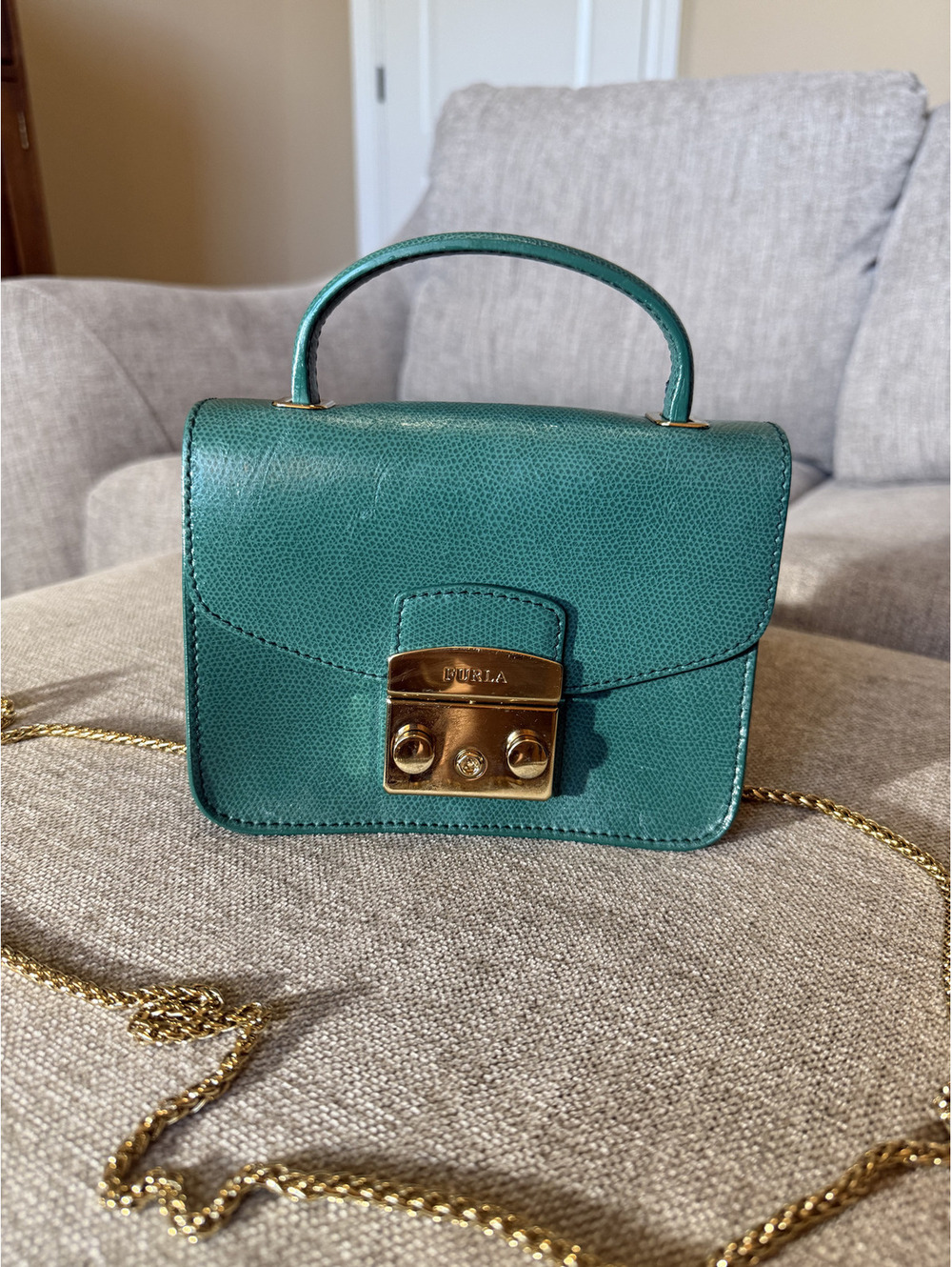 Stunning Furla Mini Leather Top Handle Crossbody Bag Jade Green Gold Chain NWOT